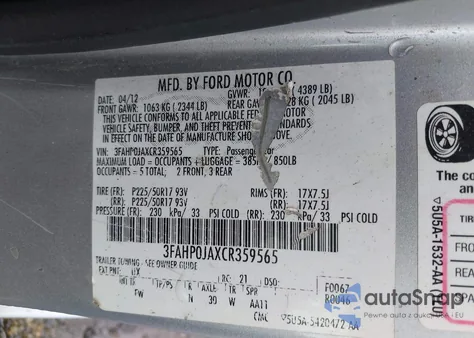 2012 Ford Fusion Sel from USA, damaged, VIN 3FAHP0JAXCR359565